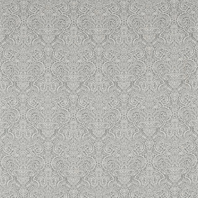 Charcoal grey textile with pale silver paisley curls in a dense repeating pattern