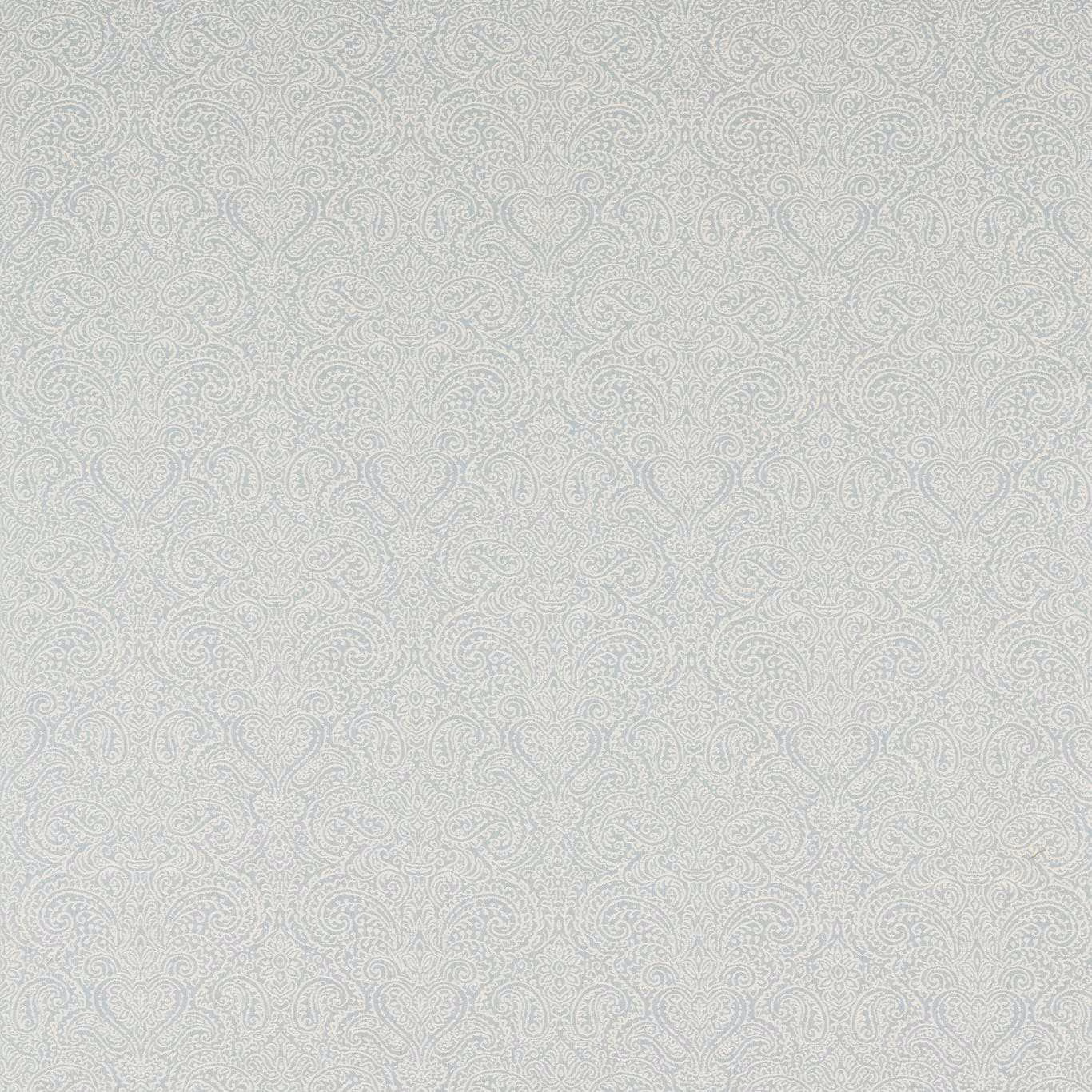 Pale denim-blue woven ground with fine tonal paisley curls and cool texture