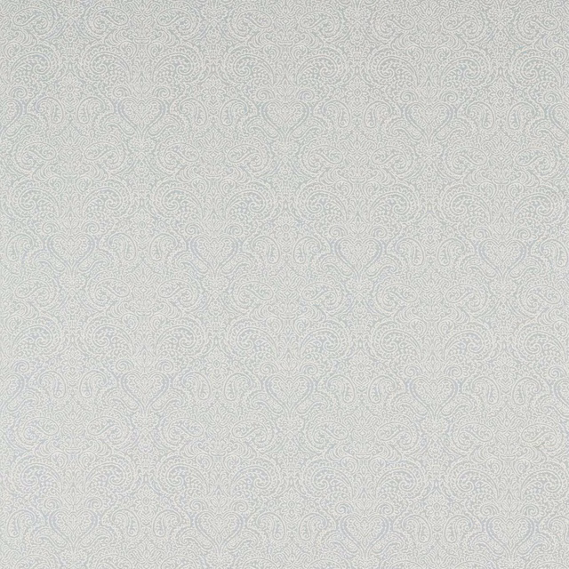 Pale denim-blue woven ground with fine tonal paisley curls and cool texture