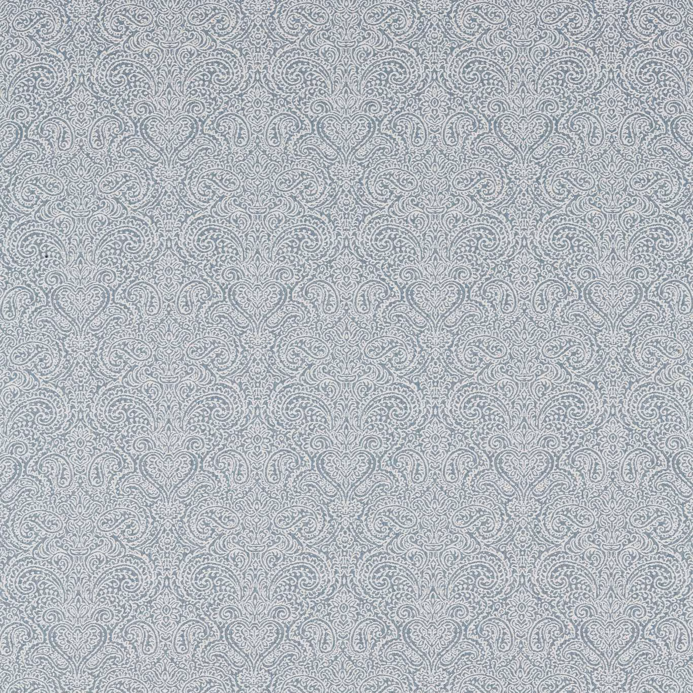 Pale blue-grey fabric with dense tonal paisley curls and finely textured woven detail