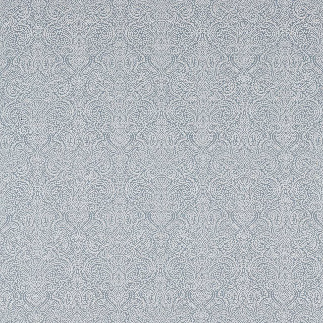 Pale blue-grey fabric with dense tonal paisley curls and finely textured woven detail