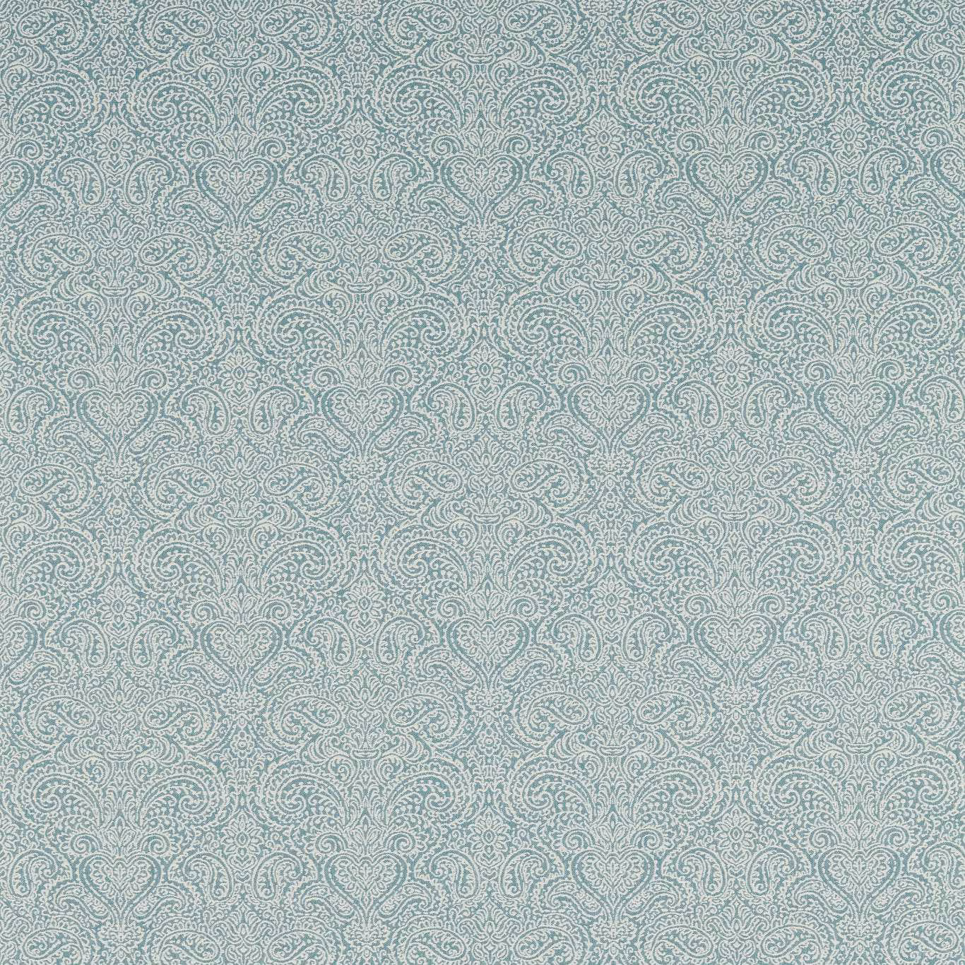 Muted teal woven fabric with pale grey-green all-over paisley curls