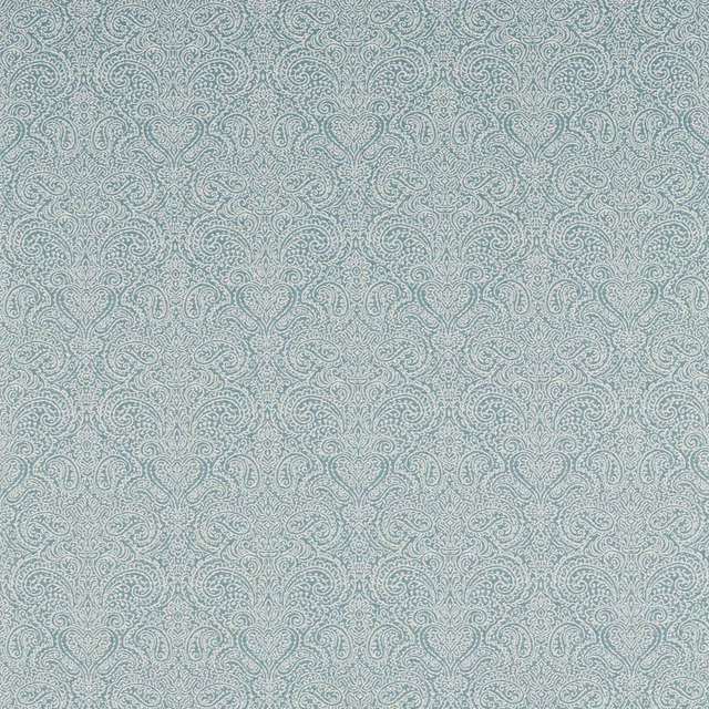 Muted teal woven fabric with pale grey-green all-over paisley curls