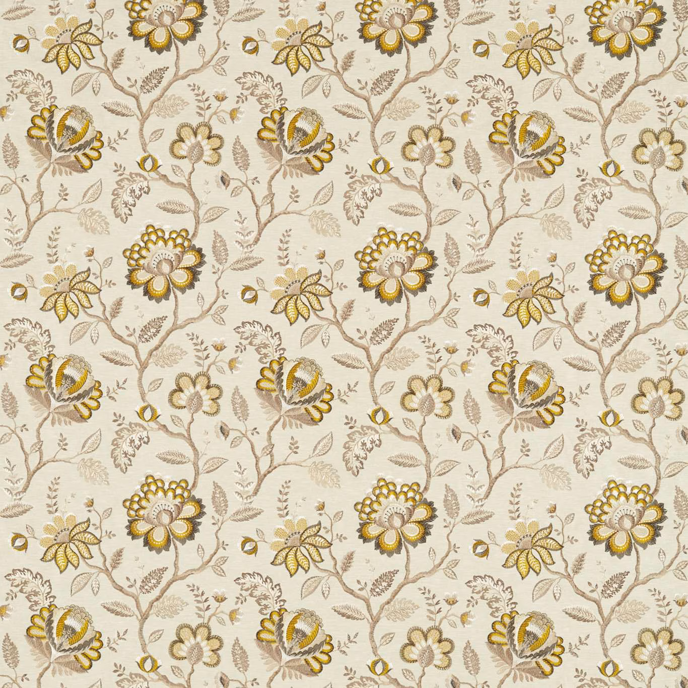 Cream floral textile with charcoal branches and muted olive-gold flowers