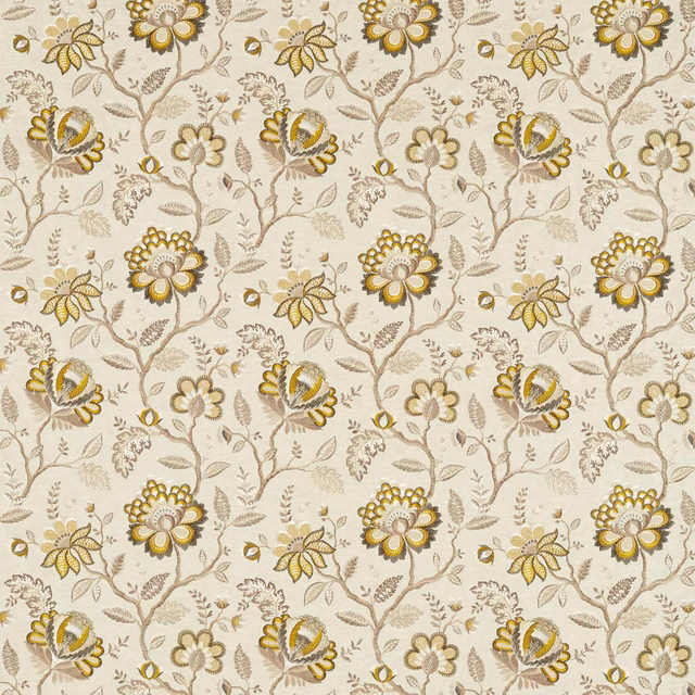 Cream floral textile with charcoal branches and muted olive-gold flowers