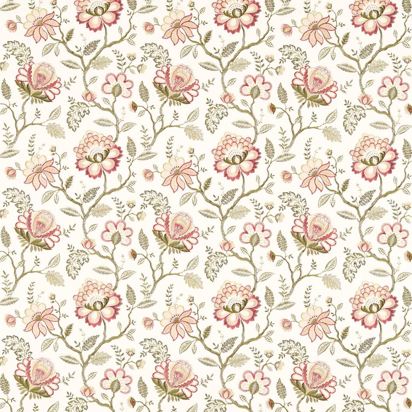 Cream floral fabric with blush and raspberry blooms, olive stems and fine botanical detail