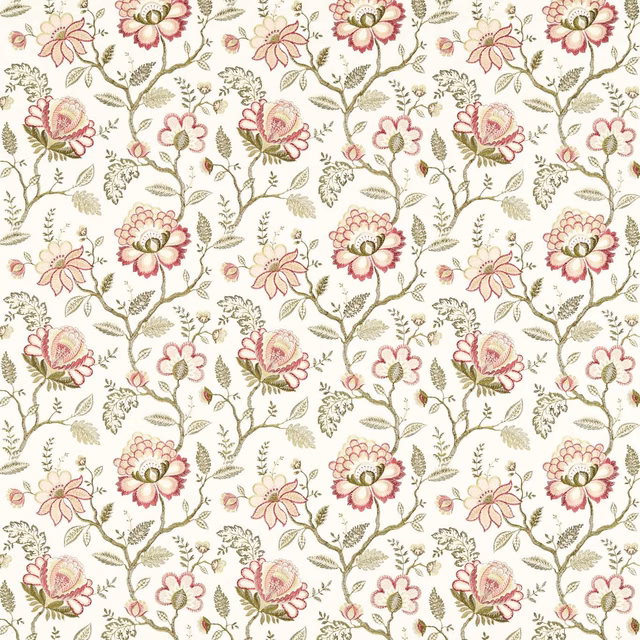 Cream floral fabric with blush and raspberry blooms, olive stems and fine botanical detail