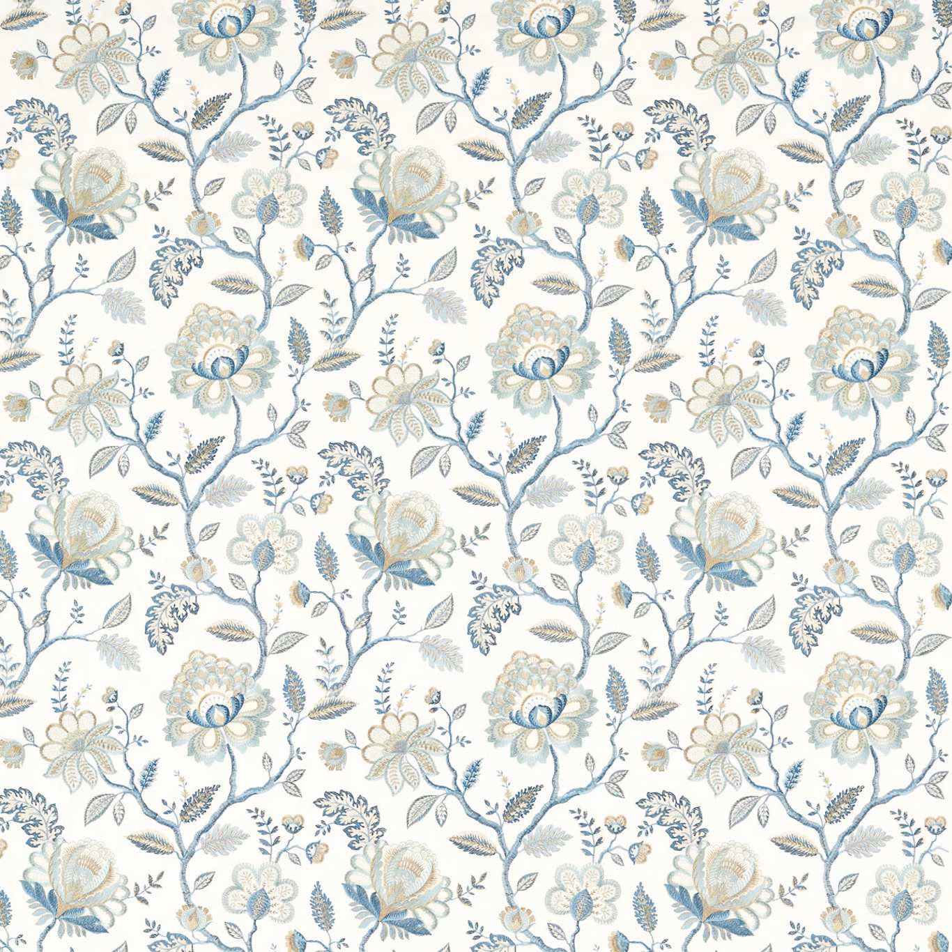 Ivory floral fabric with denim-blue blooms, midnight accents and curling leafy branches