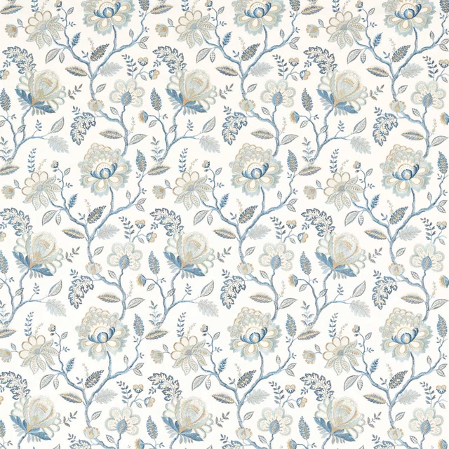 Ivory floral fabric with denim-blue blooms, midnight accents and curling leafy branches