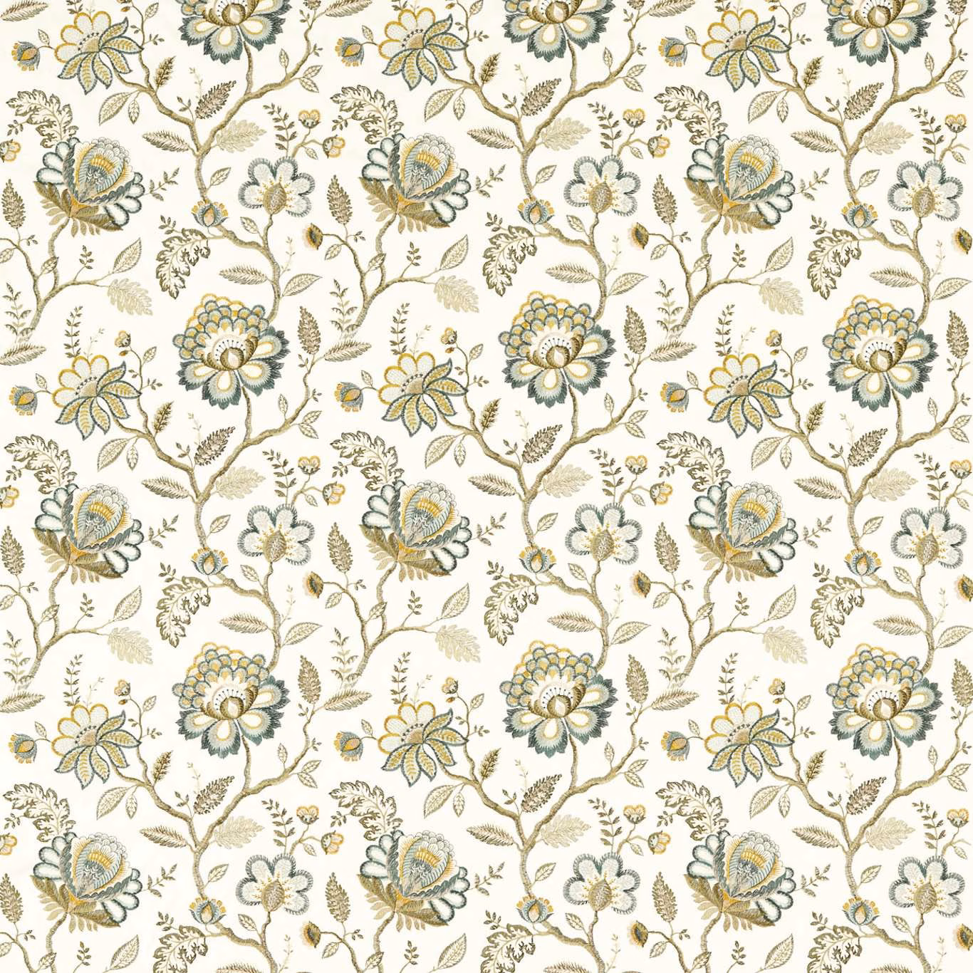 Cream floral fabric with muted teal, olive and ochre botanical motifs