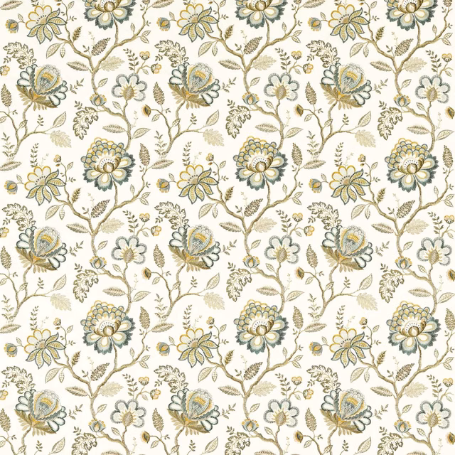 Cream floral fabric with muted teal, olive and ochre botanical motifs