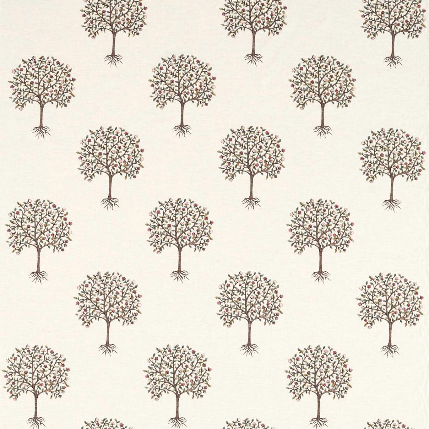 Ivory linen ground with repeating blush-tipped trees and dark taupe branches