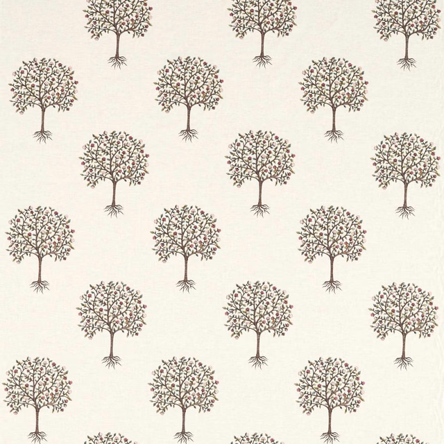 Ivory linen ground with repeating blush-tipped trees and dark taupe branches