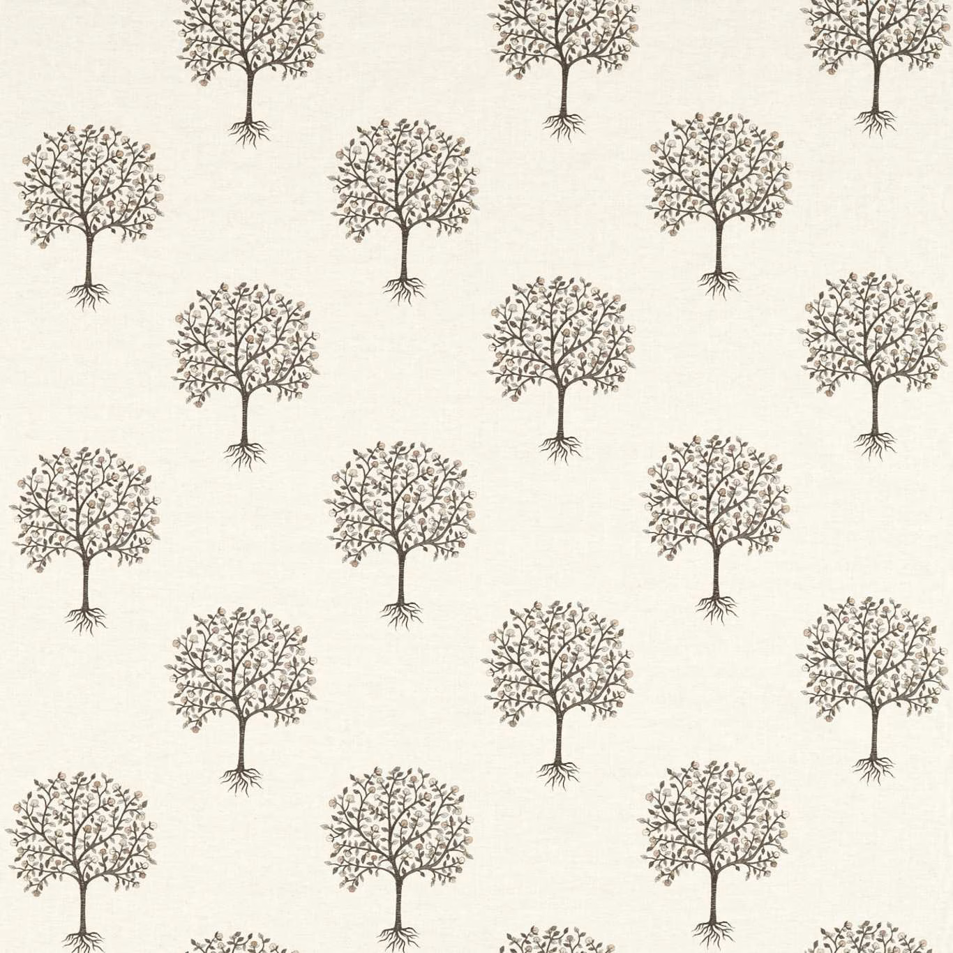 Charcoal branching trees with exposed roots on a pale linen ground