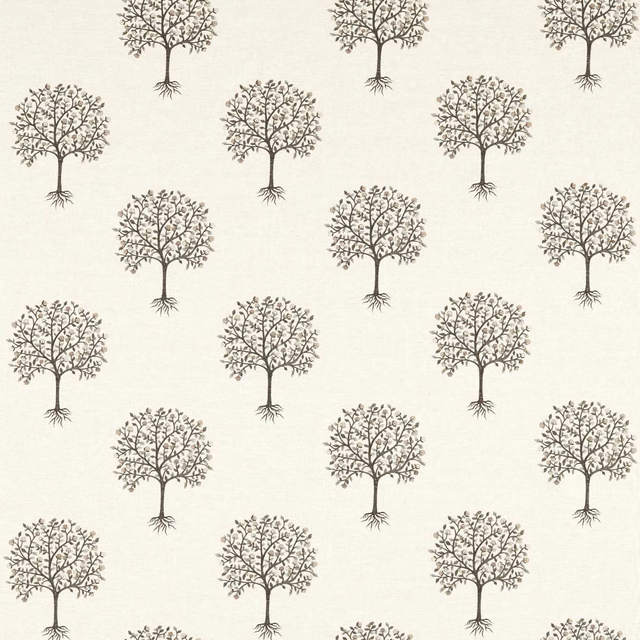 Charcoal branching trees with exposed roots on a pale linen ground