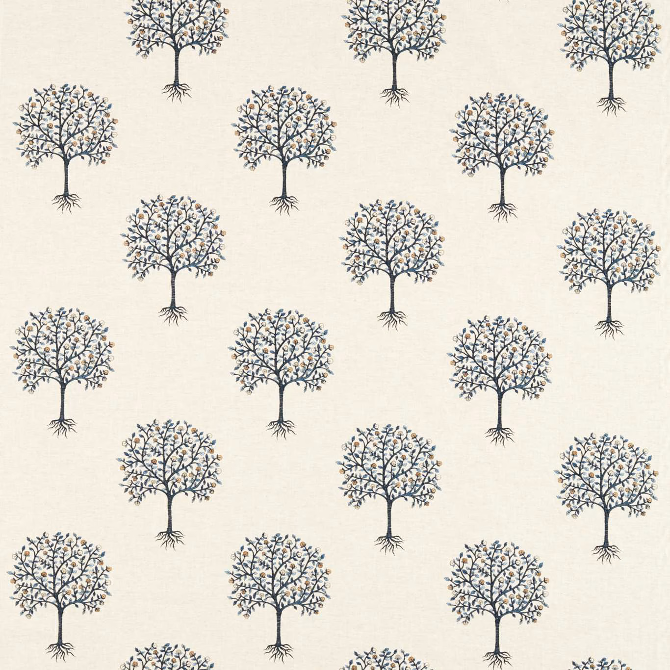 Cream fabric with repeating midnight-blue branching trees and fine pale blue leaves