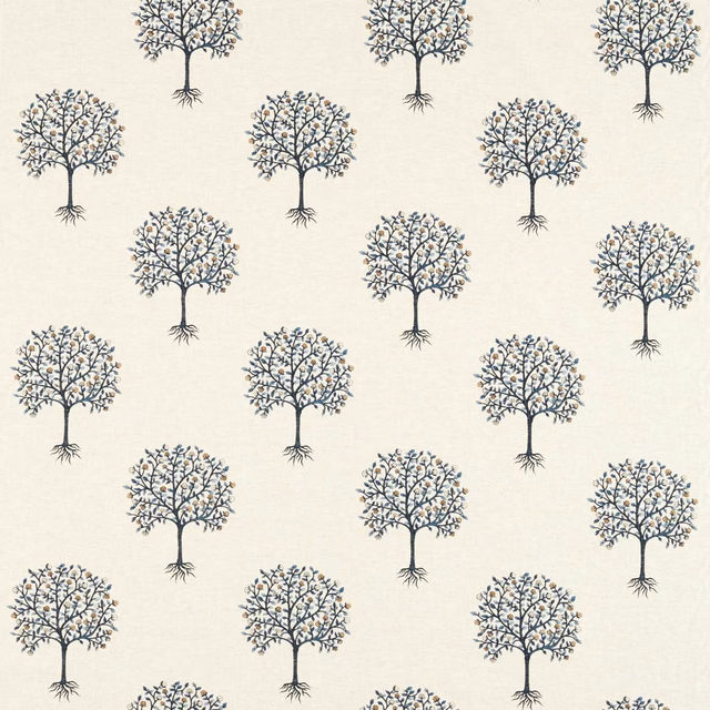 Cream fabric with repeating midnight-blue branching trees and fine pale blue leaves