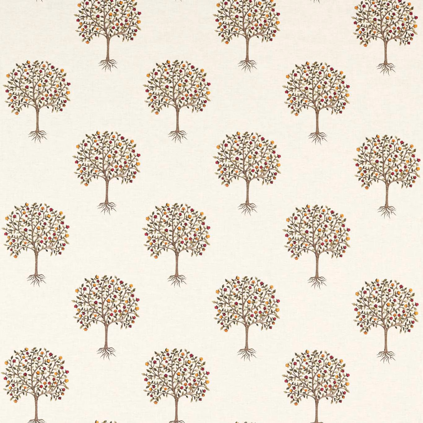 Linen-toned fabric with repeating multicoloured trees, fine trunks and scattered berry-like leaves