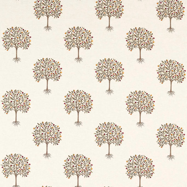 Linen-toned fabric with repeating multicoloured trees, fine trunks and scattered berry-like leaves