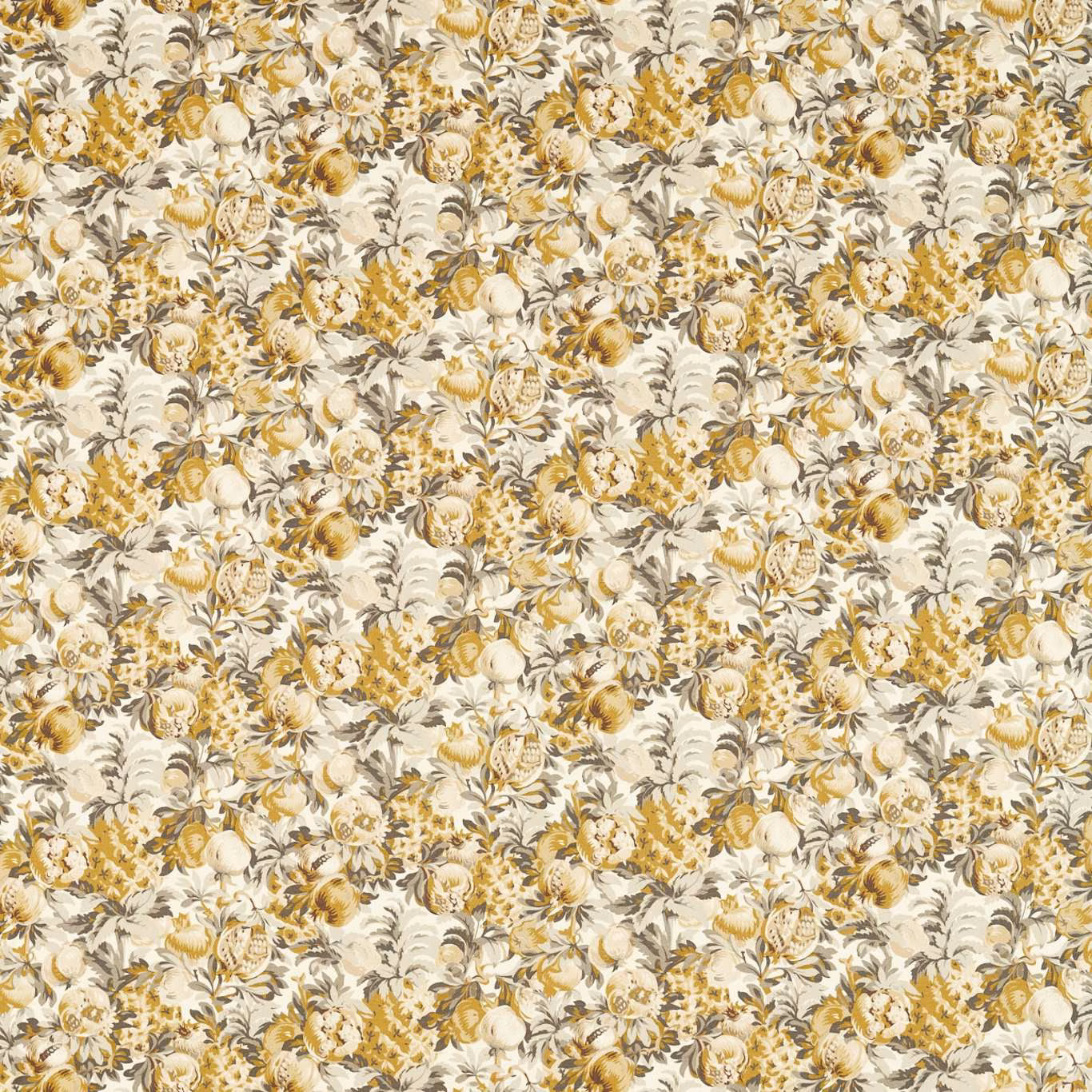 Cream floral textile with antique-gold blooms and charcoal leafy detailing