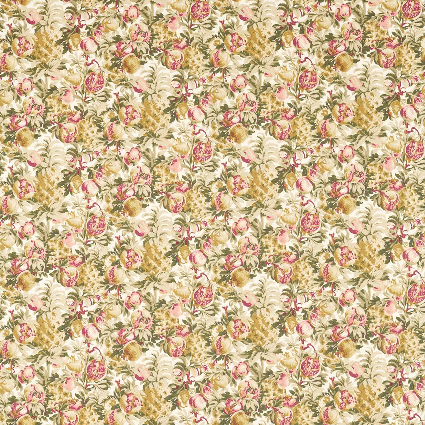 Cream floral fabric with blush blooms, raspberry fruit motifs and olive foliage