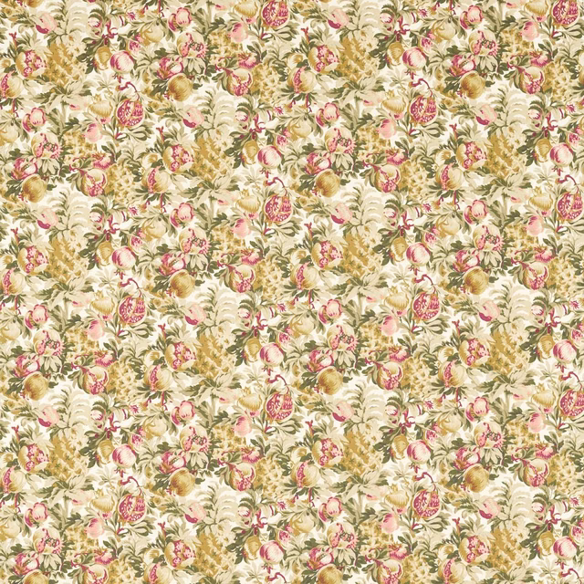 Cream floral fabric with blush blooms, raspberry fruit motifs and olive foliage