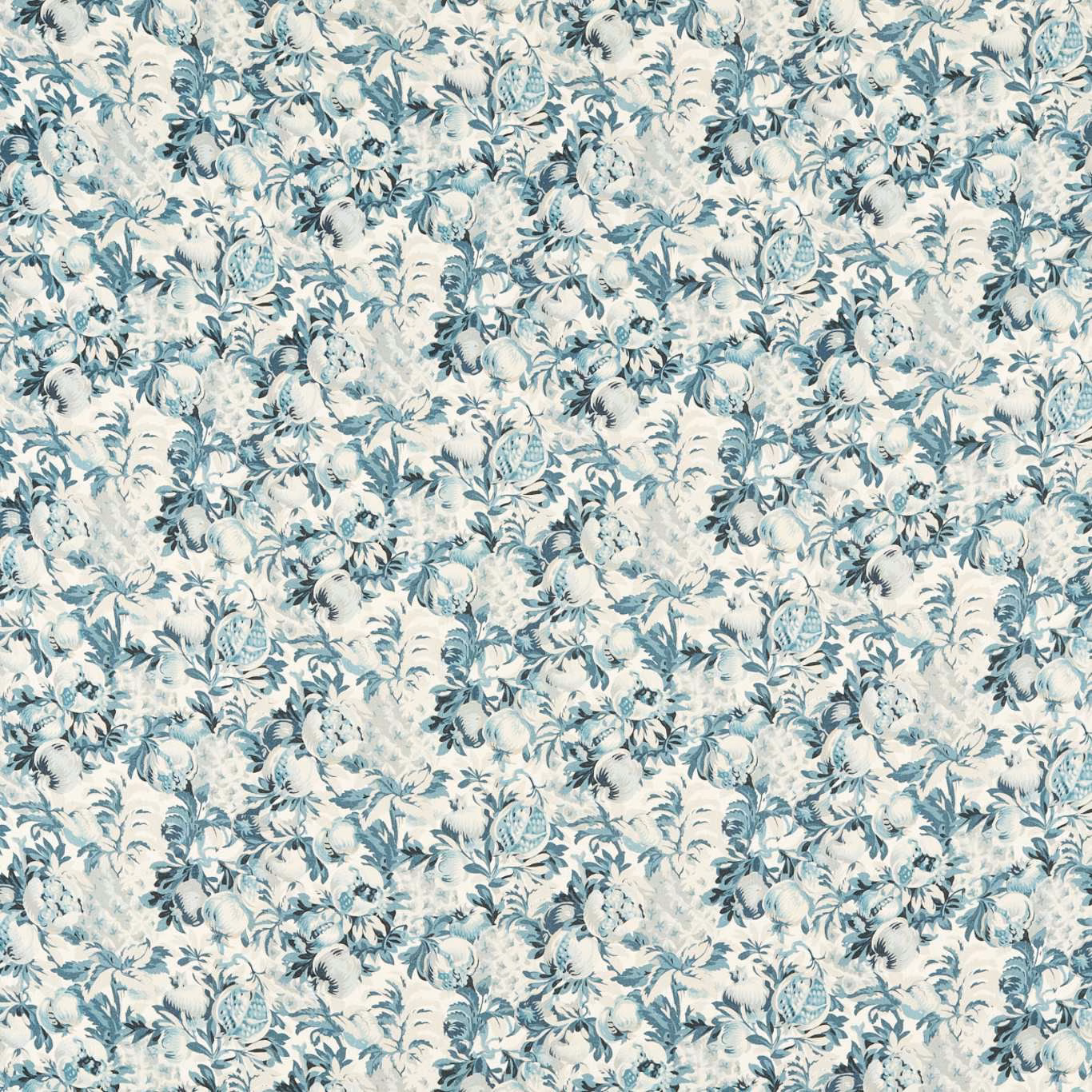 Dense pale denim and midnight-blue floral sprigs on a cool ivory fabric ground