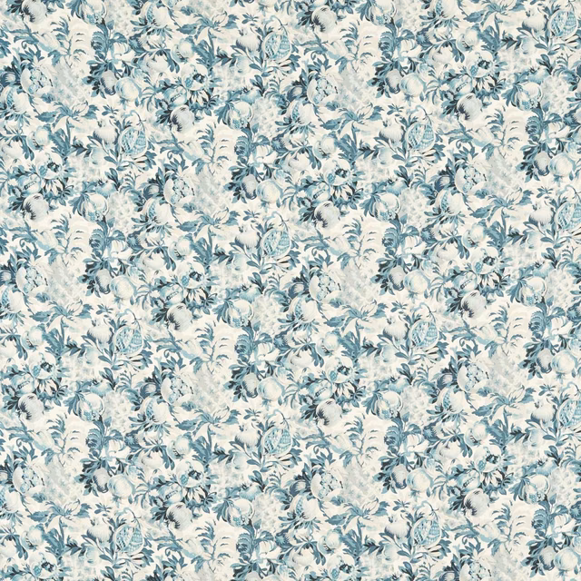 Dense pale denim and midnight-blue floral sprigs on a cool ivory fabric ground