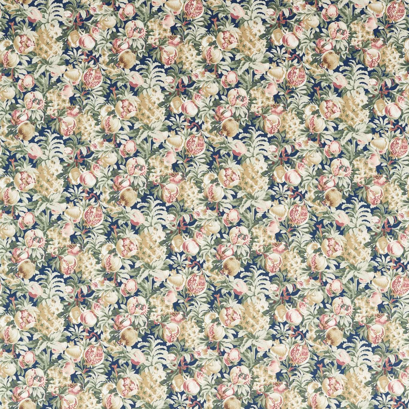 Dense midnight blue floral velvet with cream foliage, blush flowers and sage leaves