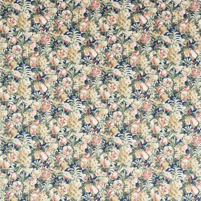 Dense midnight blue floral velvet with cream foliage, blush flowers and sage leaves