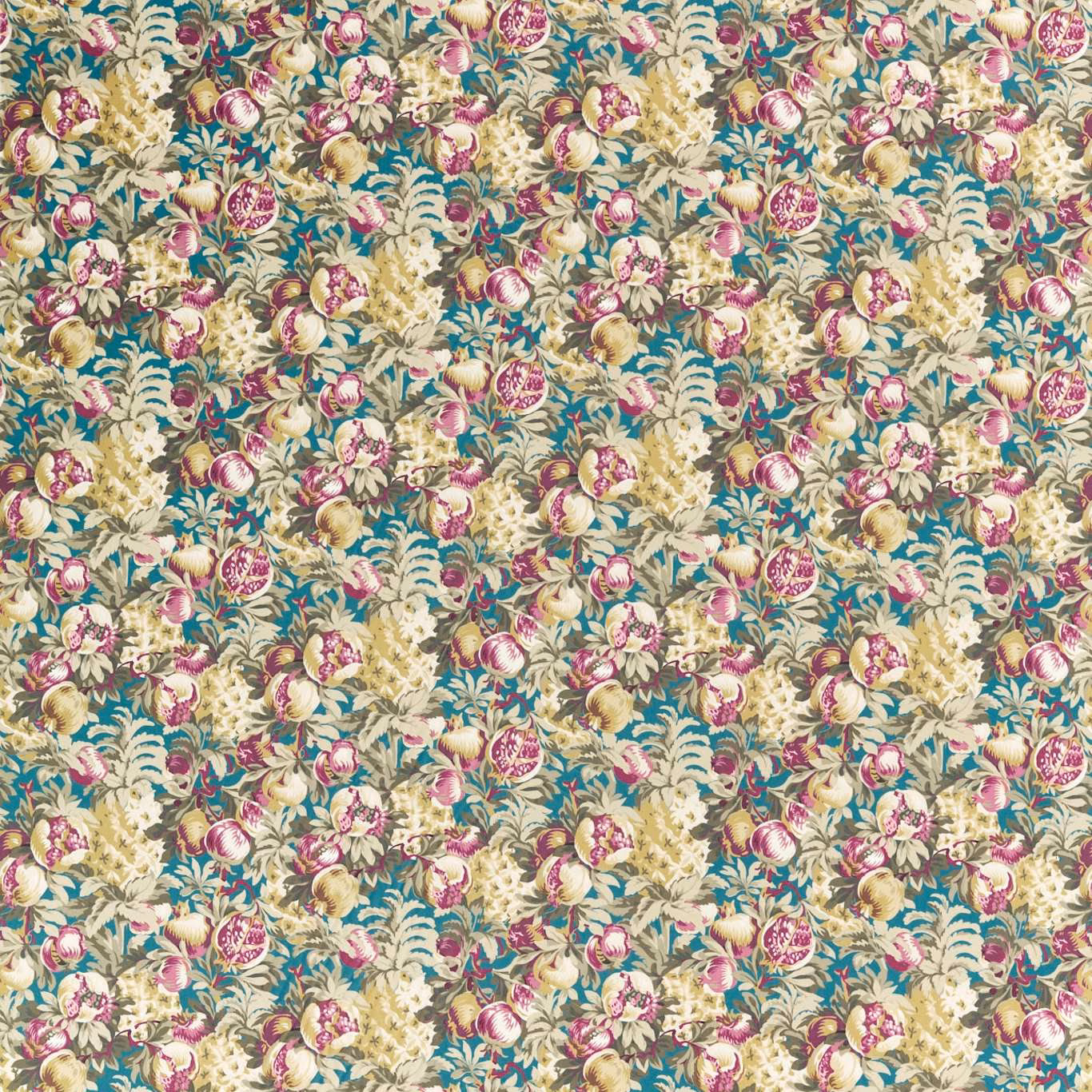 Teal floral velvet with cream foliage, pink pomegranates and muted gold leaves