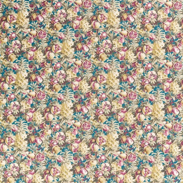 Teal floral velvet with cream foliage, pink pomegranates and muted gold leaves