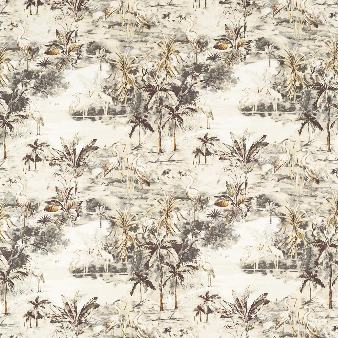 Charcoal and linen tropical landscape with palms, birds and muted foliage