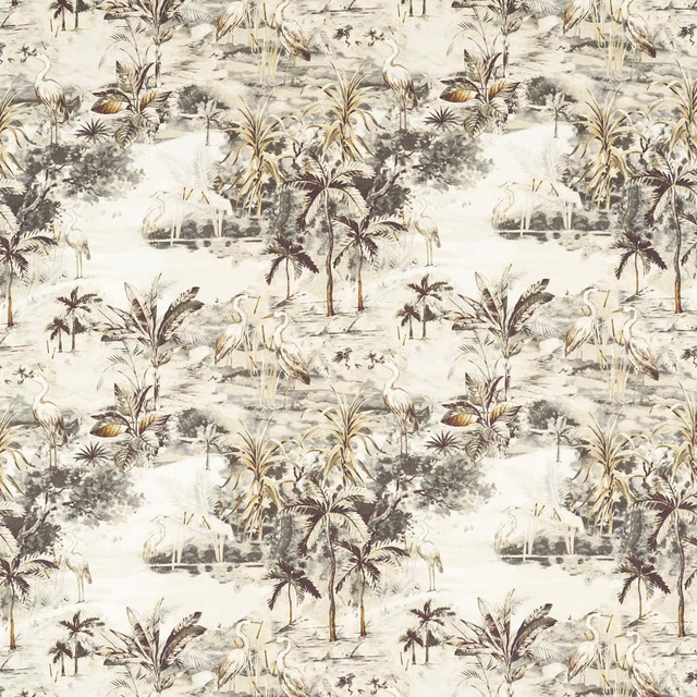 Charcoal and linen tropical landscape with palms, birds and muted foliage