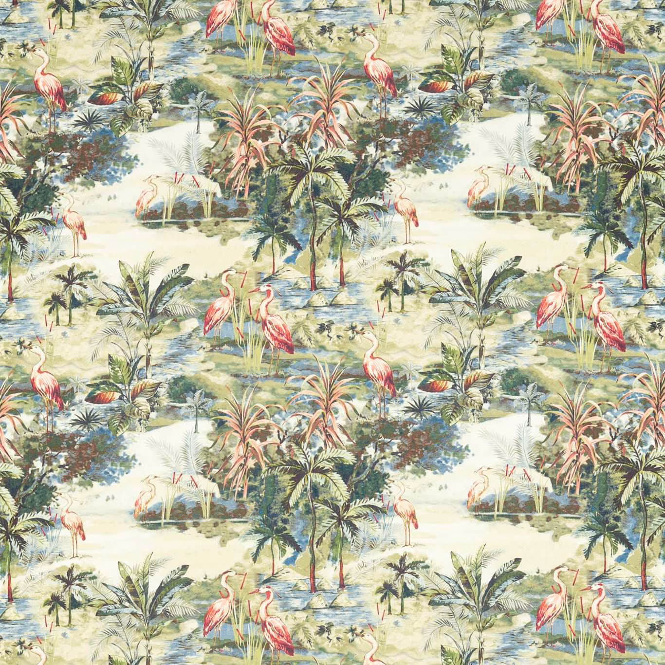 Lagoon tropical repeat with pink flamingos, palms, blue water and pale foliage