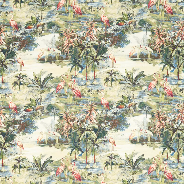 Lagoon tropical repeat with pink flamingos, palms, blue water and pale foliage