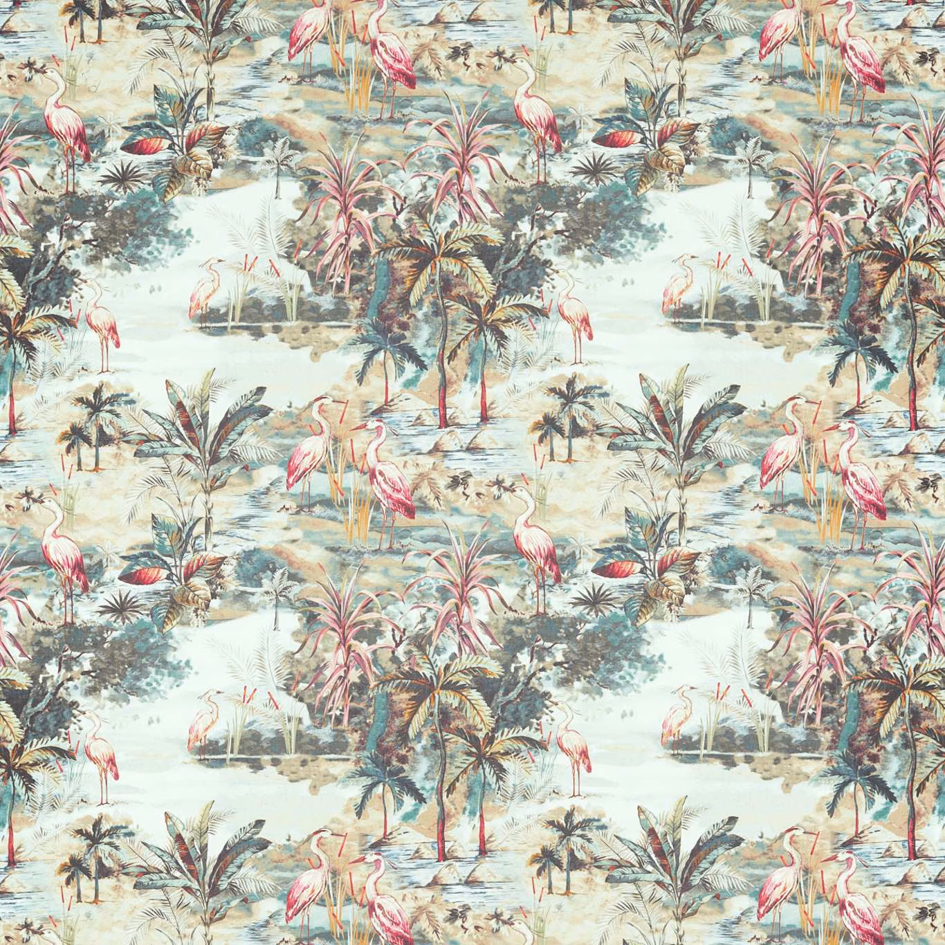 Mineral aqua tropical fabric with pink flamingos, palms and layered foliage