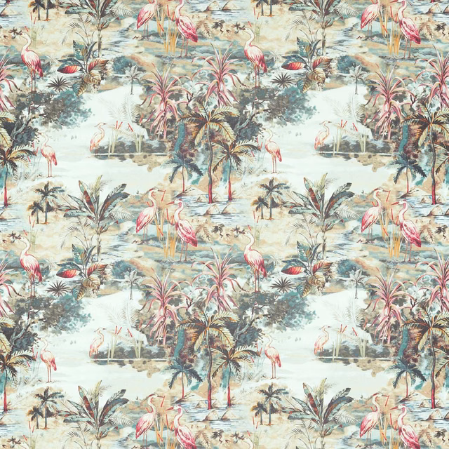 Mineral aqua tropical fabric with pink flamingos, palms and layered foliage