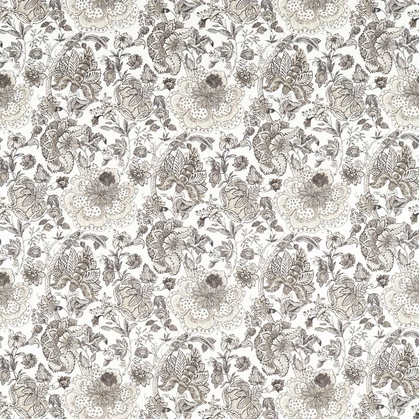 Charcoal botanical flowers and leaves on a pale linen-toned floral fabric ground
