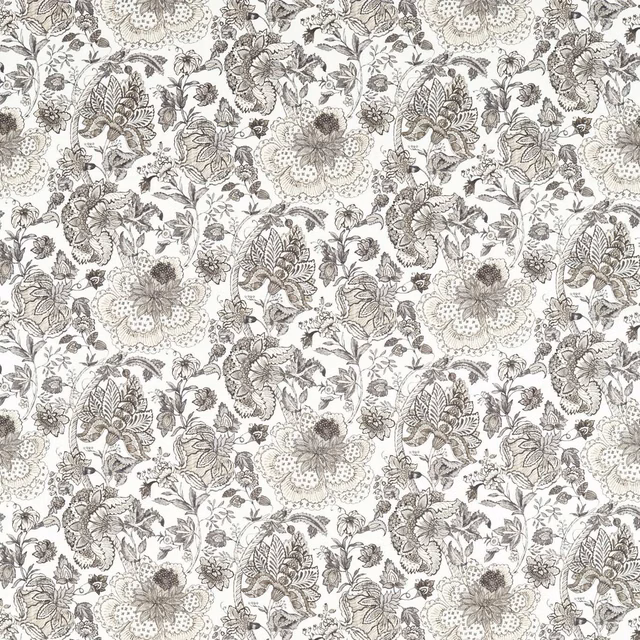 Charcoal botanical flowers and leaves on a pale linen-toned floral fabric ground