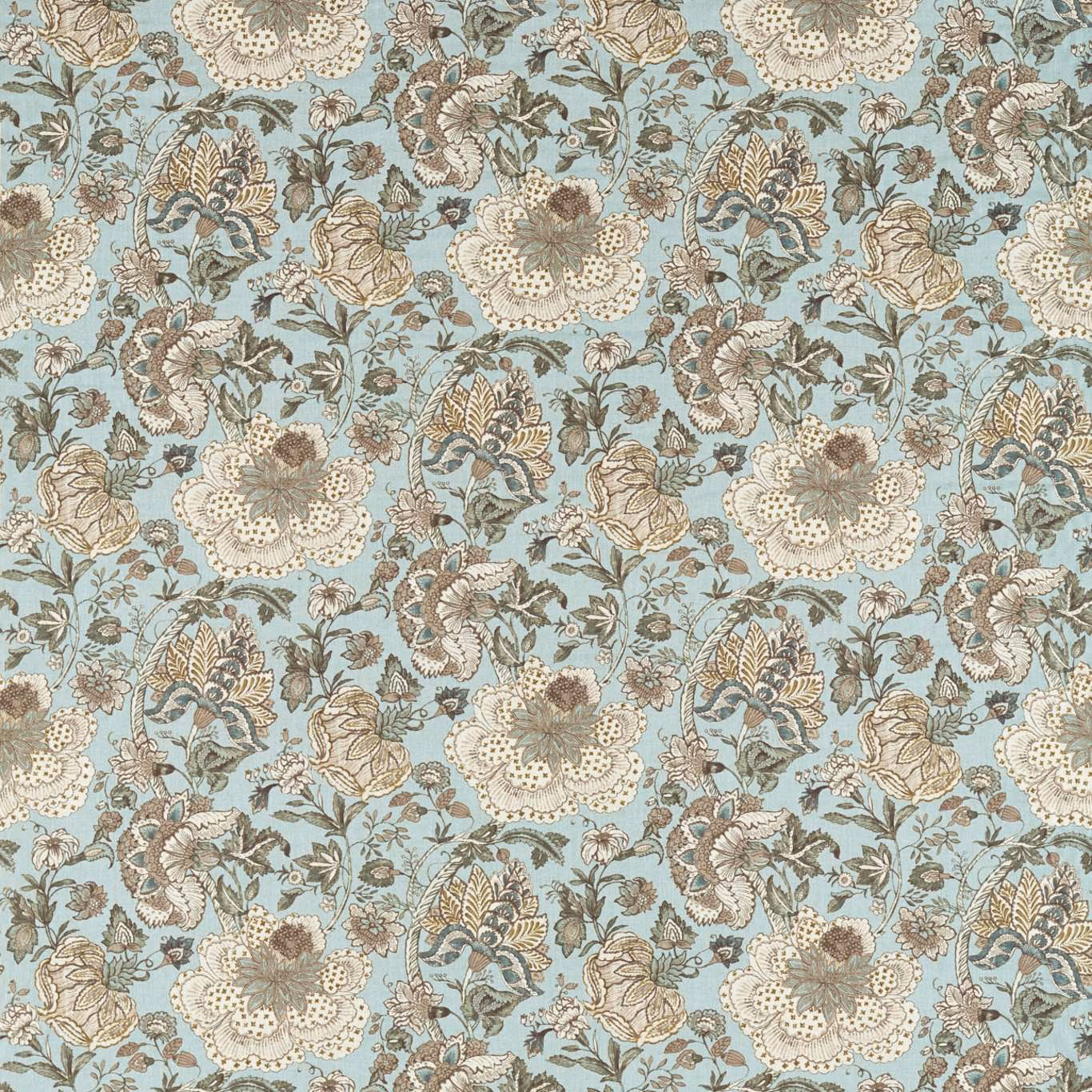 Muted mineral-blue floral fabric with cream flowers and taupe botanical detailing