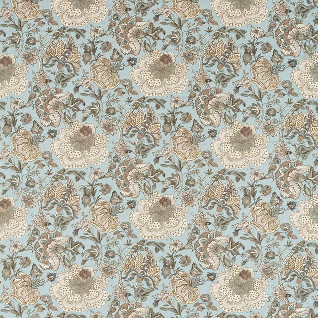 Muted mineral-blue floral fabric with cream flowers and taupe botanical detailing