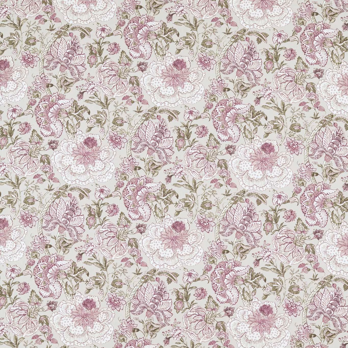 Linen-ground floral textile with raspberry blooms and muted olive foliage