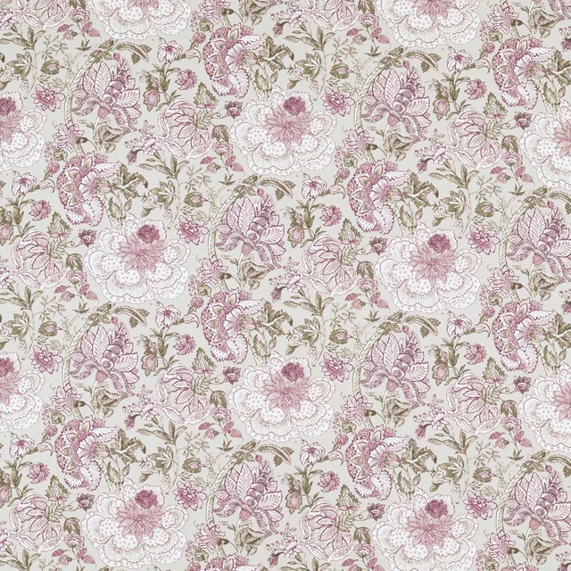 Linen-ground floral textile with raspberry blooms and muted olive foliage
