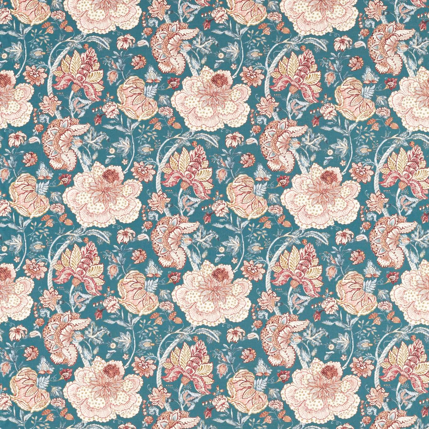 Muted teal floral fabric with cream, blush and terracotta vintage blooms and fine botanical linework
