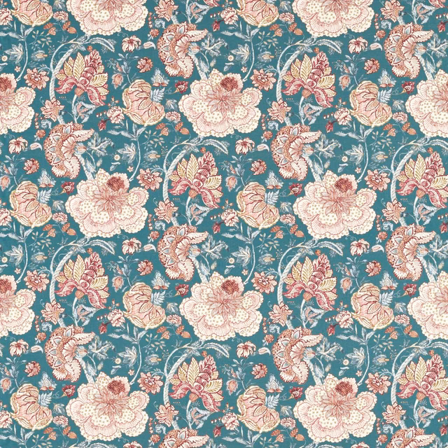 Muted teal floral fabric with cream, blush and terracotta vintage blooms and fine botanical linework