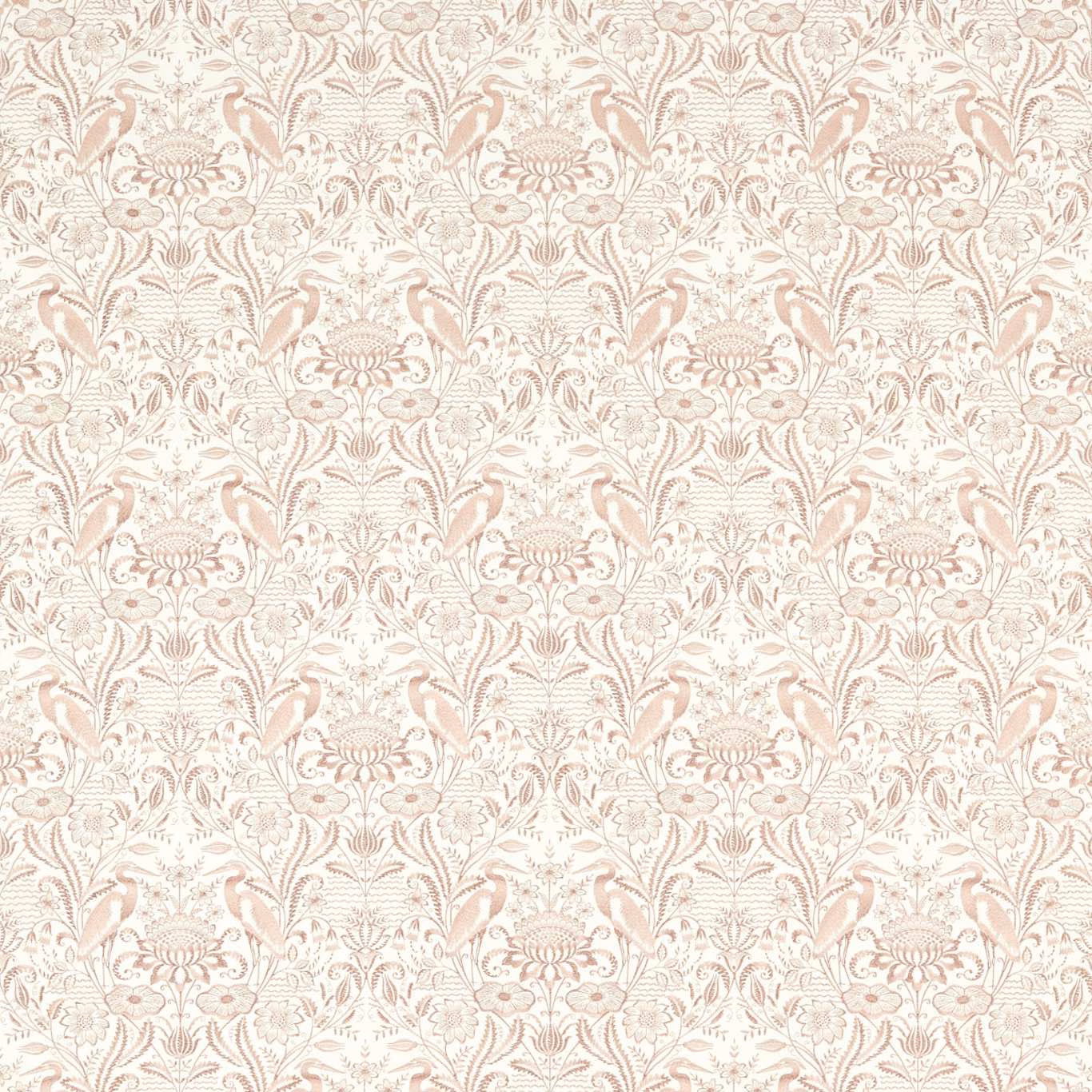 Warm ivory fabric with dusty blush floral scrolls and symmetrical botanical motifs