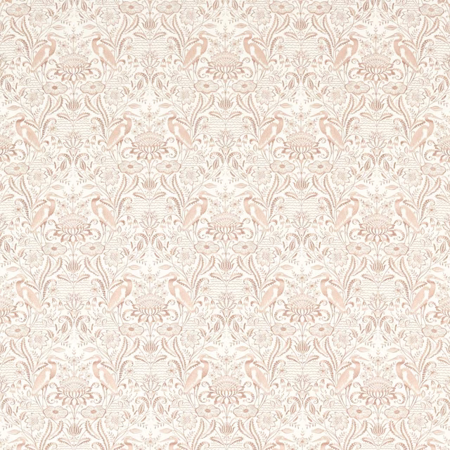 Warm ivory fabric with dusty blush floral scrolls and symmetrical botanical motifs