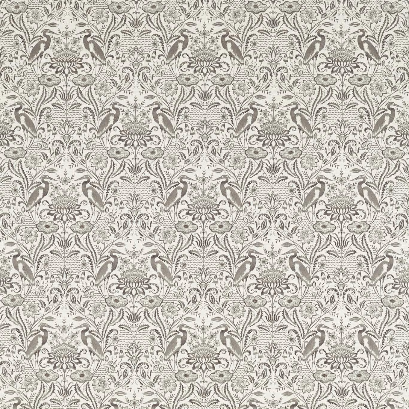 Charcoal birds and scrolling florals on a pale linen botanical fabric ground