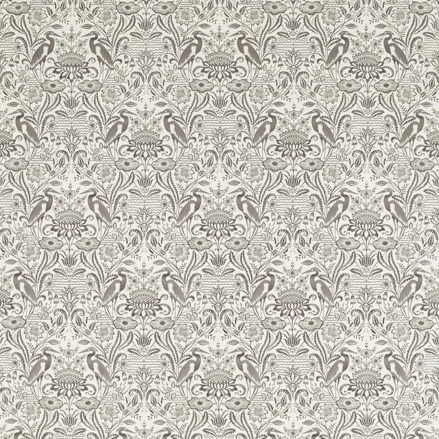 Charcoal birds and scrolling florals on a pale linen botanical fabric ground